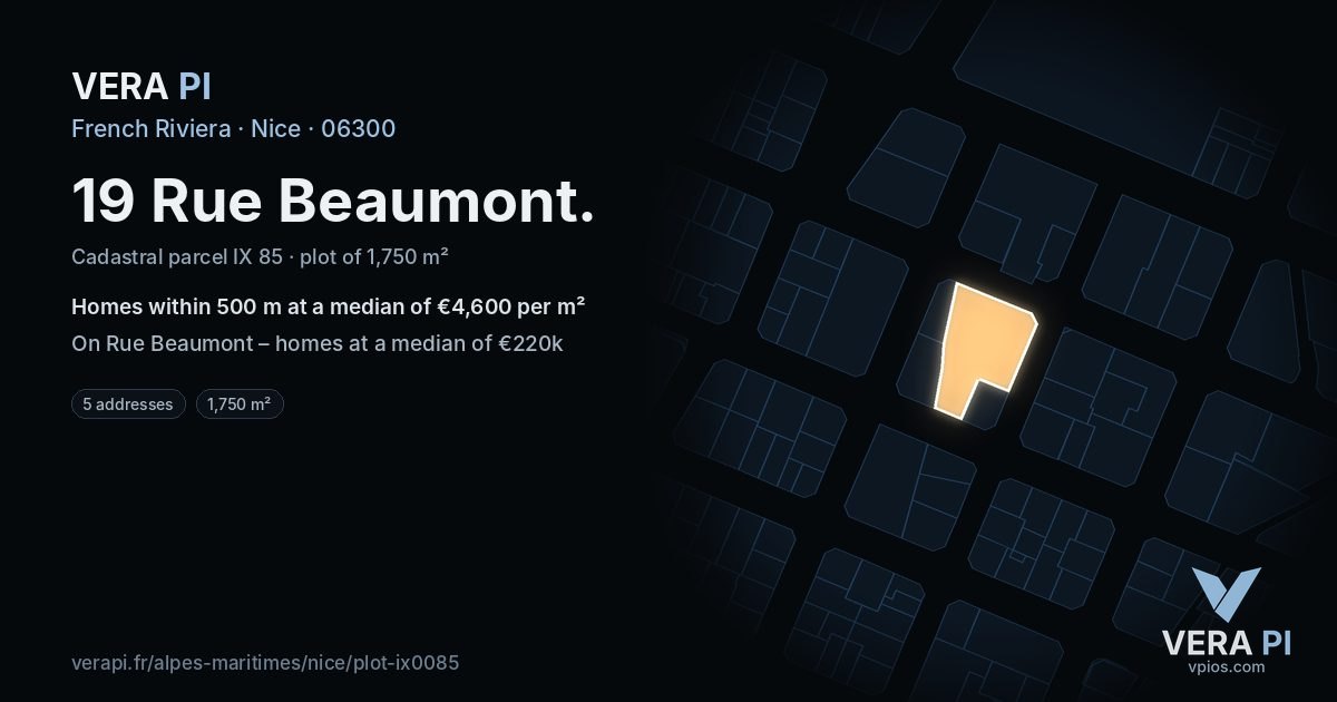 19 Rue Beaumont, Nice at night – the plot lit, the parcels around coloured by the prices near them