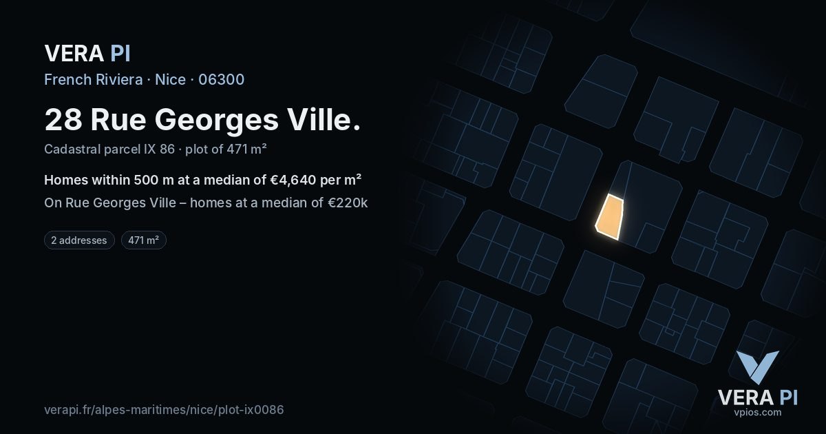 28 Rue Georges Ville, Nice at night – the plot lit, the parcels around coloured by the prices near them