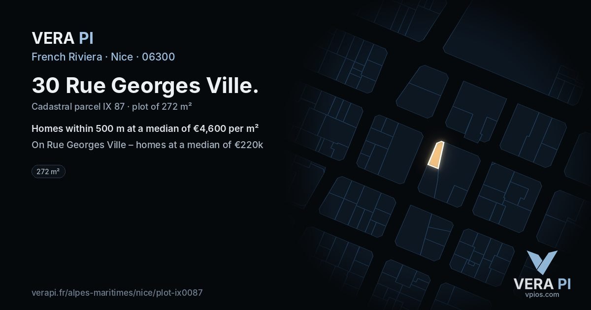 30 Rue Georges Ville, Nice at night – the plot lit, the parcels around coloured by the prices near them