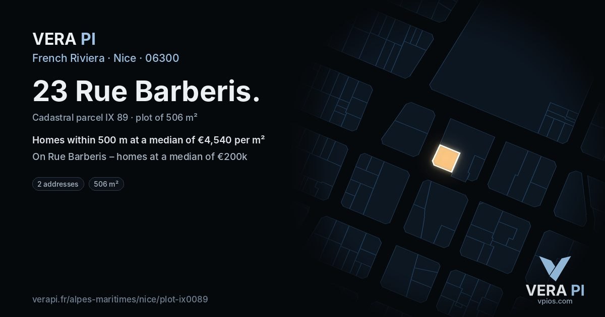 23 Rue Barberis, Nice at night – the plot lit, the parcels around coloured by the prices near them