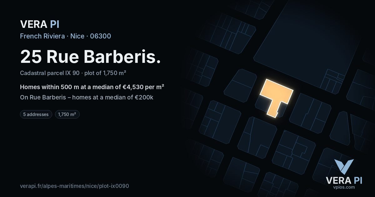 25 Rue Barberis, Nice at night – the plot lit, the parcels around coloured by the prices near them