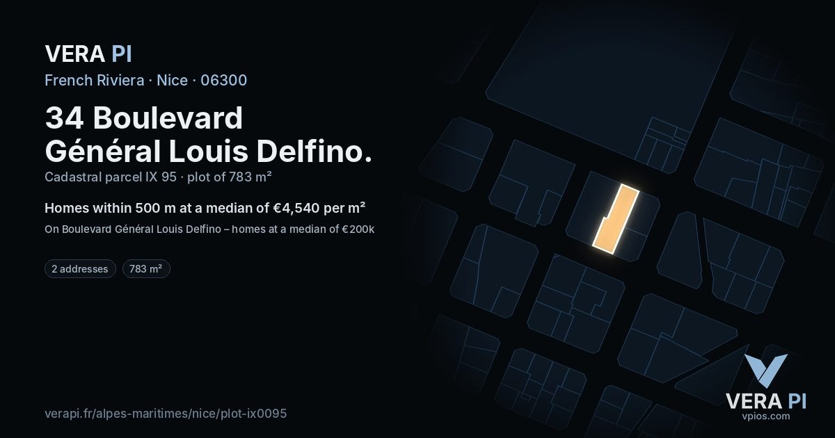 34 Boulevard Général Louis Delfino, Nice at night – the plot lit, the parcels around coloured by the prices near them