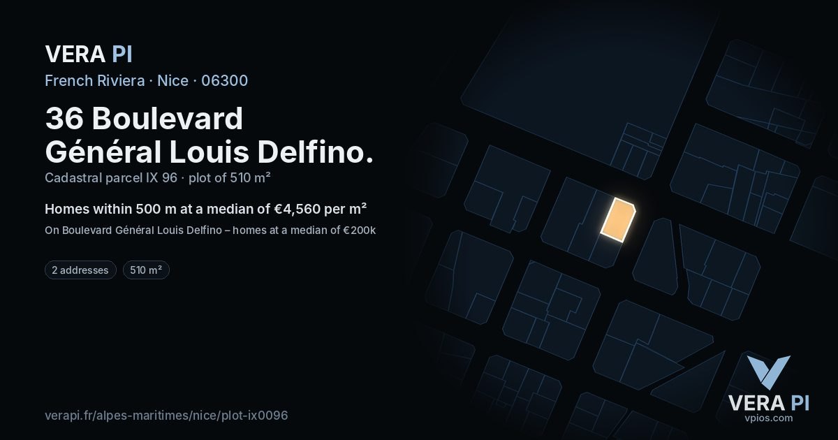 36 Boulevard Général Louis Delfino, Nice at night – the plot lit, the parcels around coloured by the prices near them