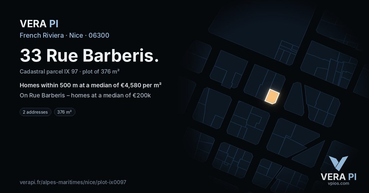33 Rue Barberis, Nice at night – the plot lit, the parcels around coloured by the prices near them