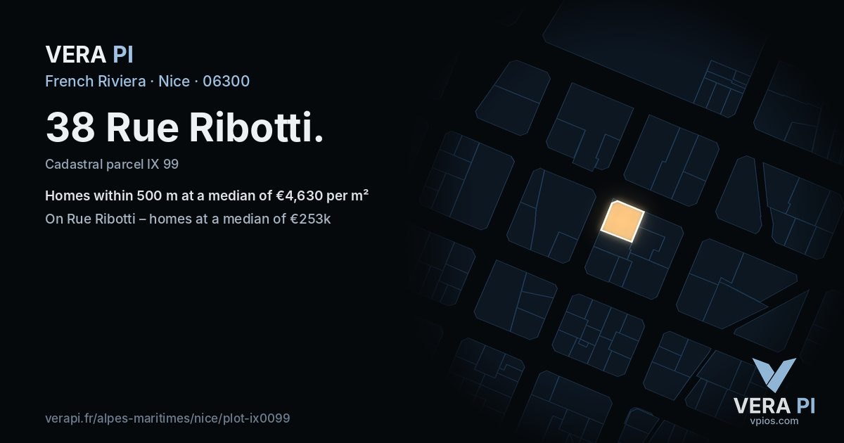 38 Rue Ribotti, Nice at night – the plot lit, the parcels around coloured by the prices near them