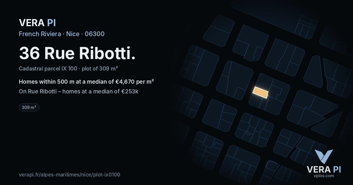 36 Rue Ribotti, Nice at night – the plot lit, the parcels around coloured by the prices near them
