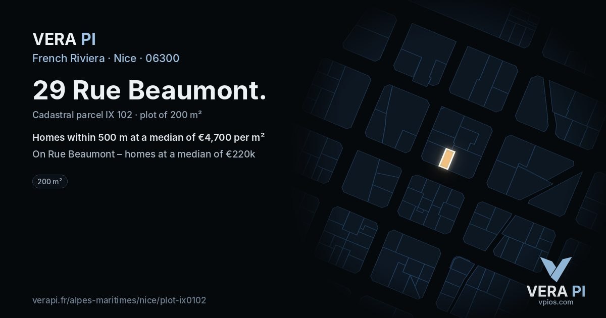 29 Rue Beaumont, Nice at night – the plot lit, the parcels around coloured by the prices near them