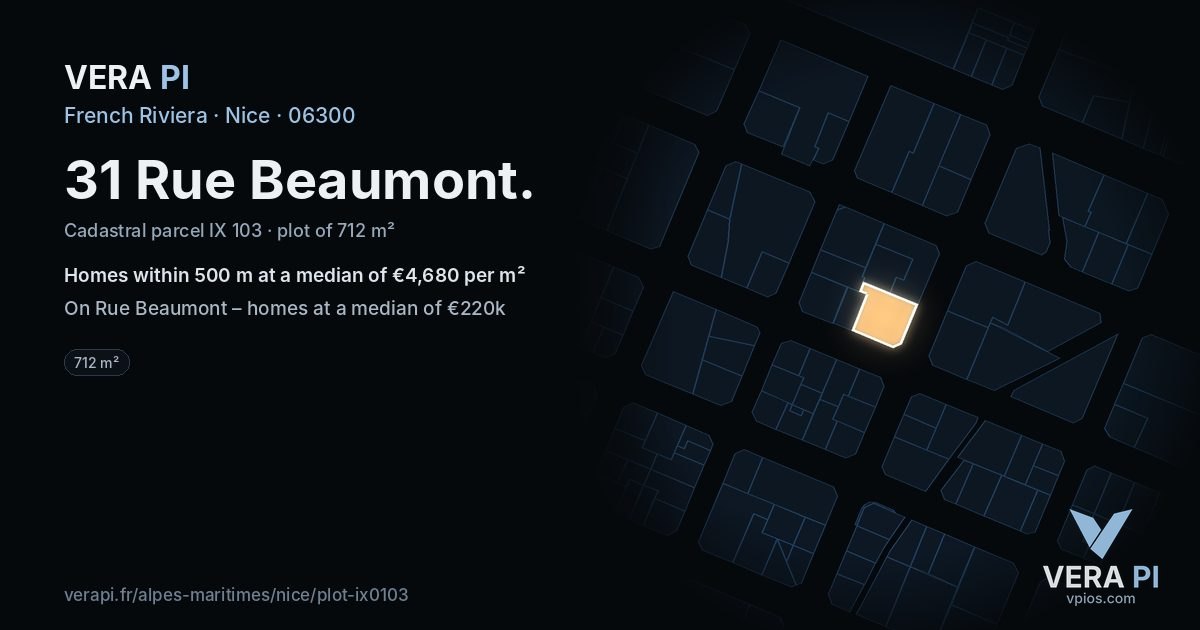31 Rue Beaumont, Nice at night – the plot lit, the parcels around coloured by the prices near them