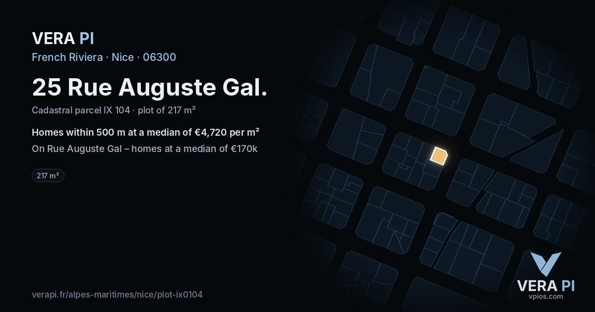 25 Rue Auguste Gal, Nice at night – the plot lit, the parcels around coloured by the prices near them