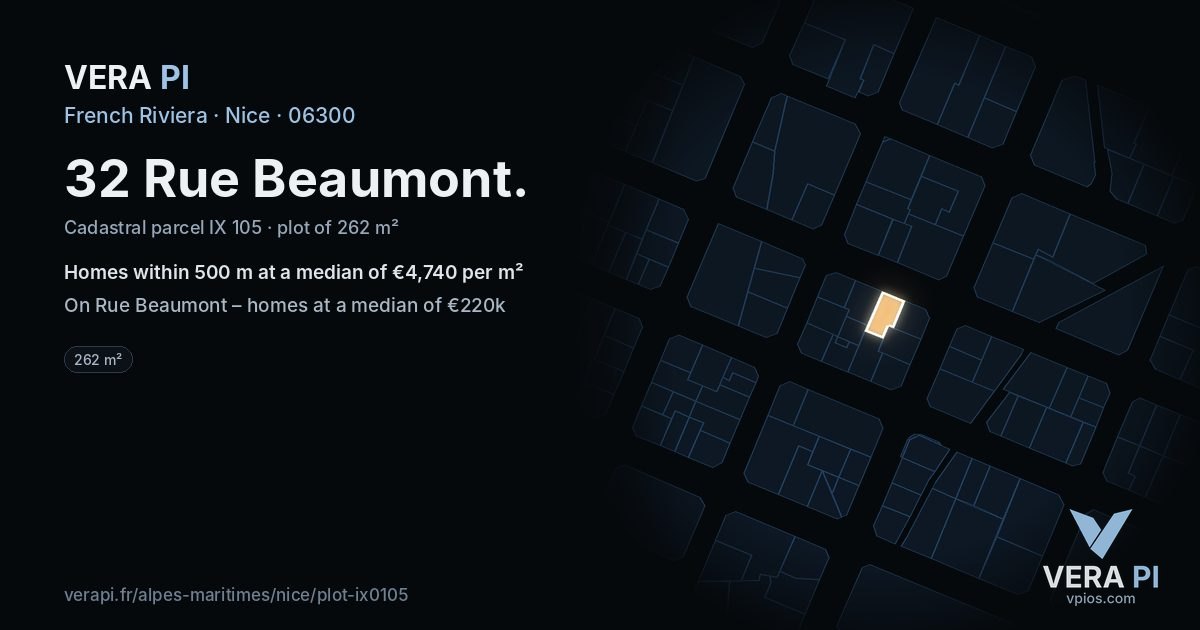 32 Rue Beaumont, Nice at night – the plot lit, the parcels around coloured by the prices near them