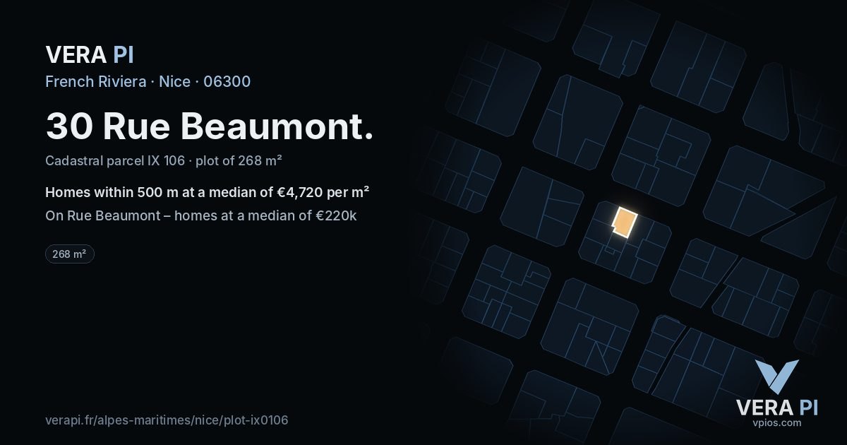 30 Rue Beaumont, Nice at night – the plot lit, the parcels around coloured by the prices near them
