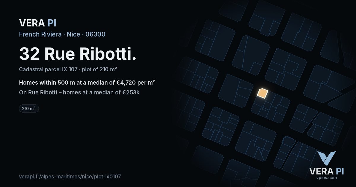 32 Rue Ribotti, Nice at night – the plot lit, the parcels around coloured by the prices near them
