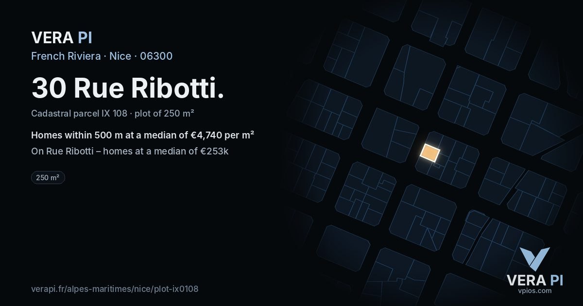 30 Rue Ribotti, Nice at night – the plot lit, the parcels around coloured by the prices near them