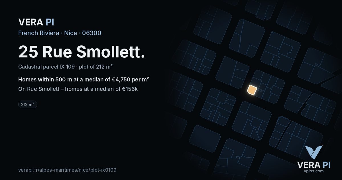 25 Rue Smollett, Nice at night – the plot lit, the parcels around coloured by the prices near them