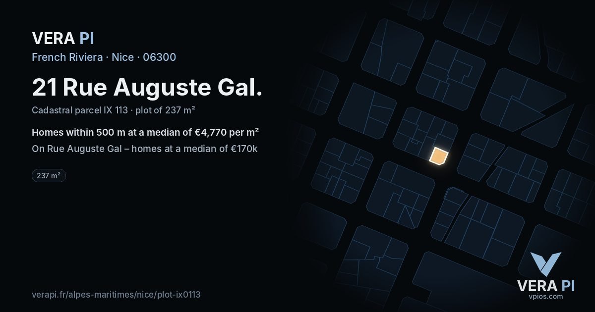 21 Rue Auguste Gal, Nice at night – the plot lit, the parcels around coloured by the prices near them