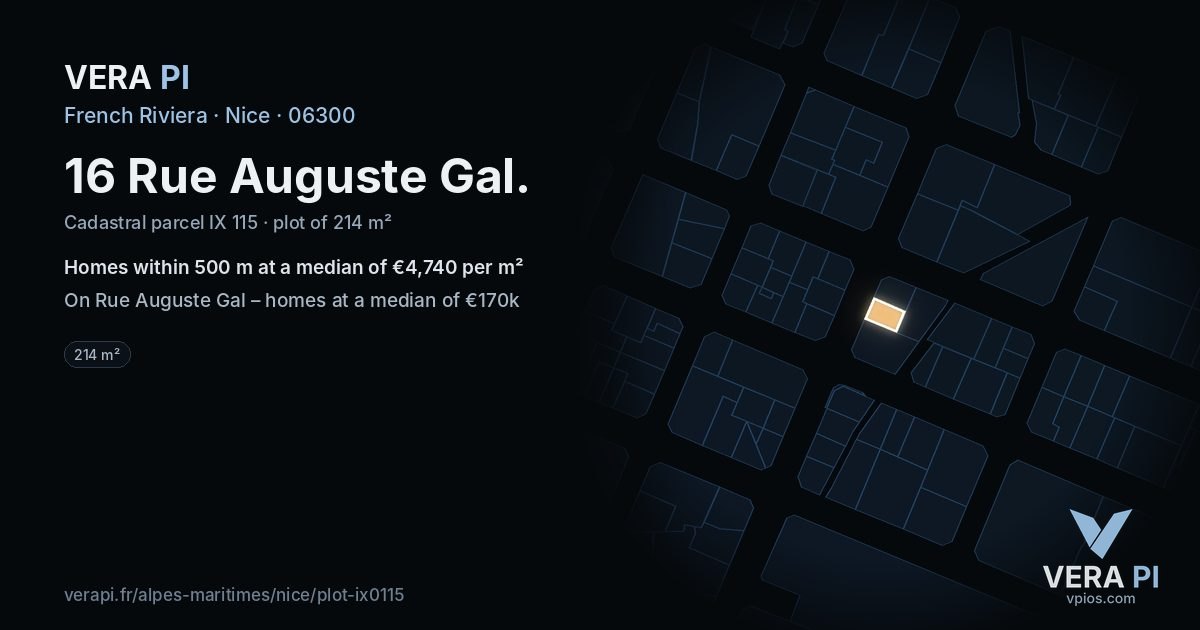 16 Rue Auguste Gal, Nice at night – the plot lit, the parcels around coloured by the prices near them