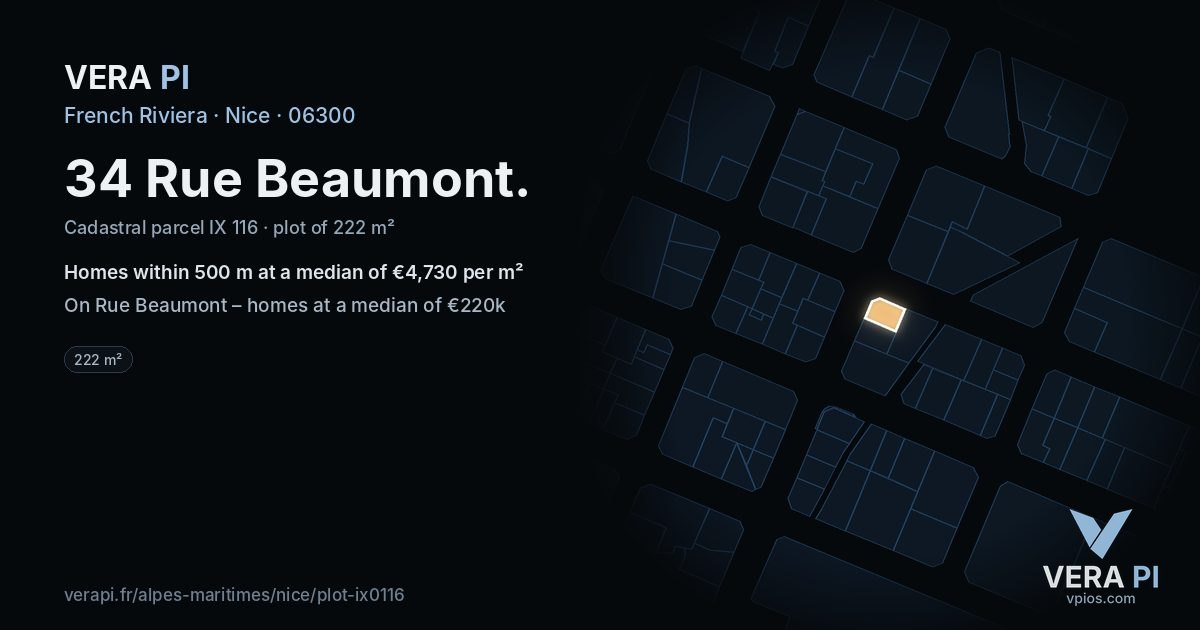 34 Rue Beaumont, Nice at night – the plot lit, the parcels around coloured by the prices near them
