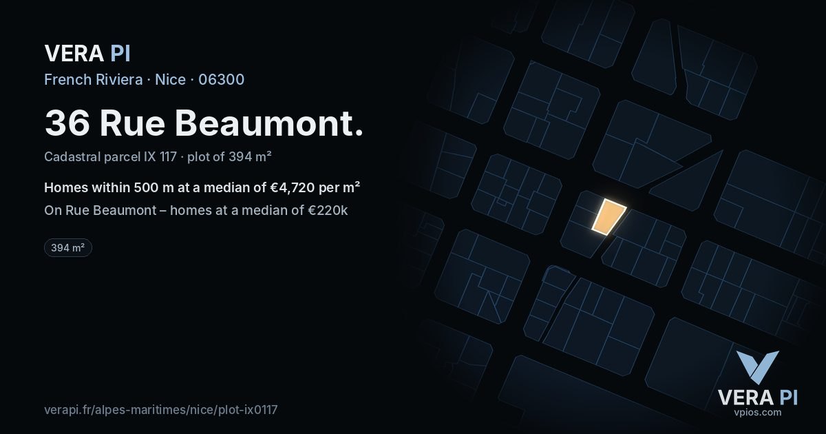 36 Rue Beaumont, Nice at night – the plot lit, the parcels around coloured by the prices near them
