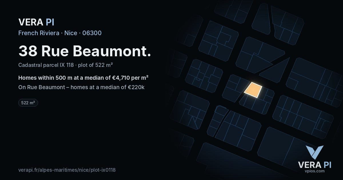 38 Rue Beaumont, Nice at night – the plot lit, the parcels around coloured by the prices near them