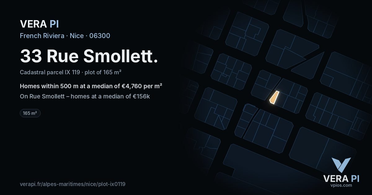 33 Rue Smollett, Nice at night – the plot lit, the parcels around coloured by the prices near them