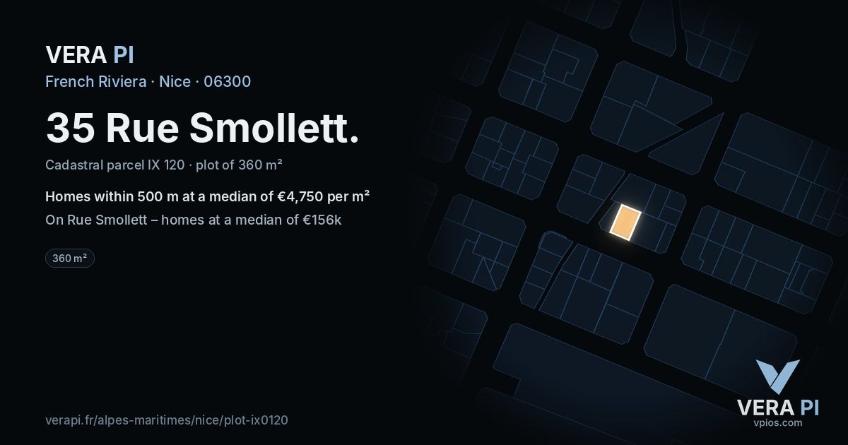 35 Rue Smollett, Nice at night – the plot lit, the parcels around coloured by the prices near them