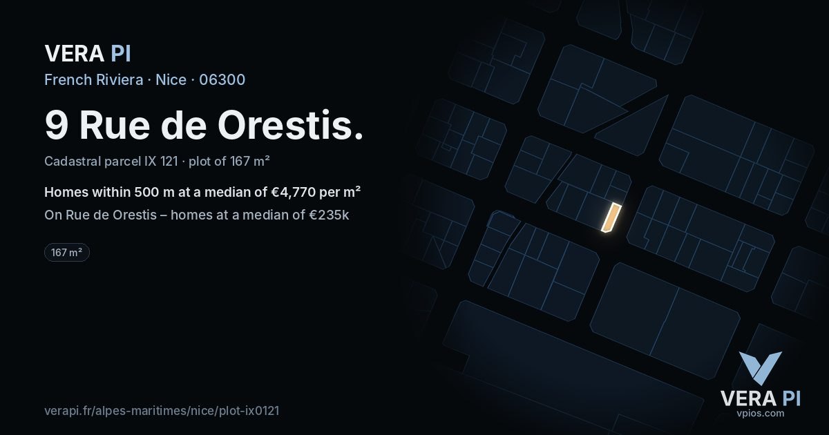 9 Rue de Orestis, Nice at night – the plot lit, the parcels around coloured by the prices near them