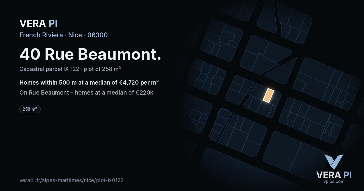 40 Rue Beaumont, Nice at night – the plot lit, the parcels around coloured by the prices near them