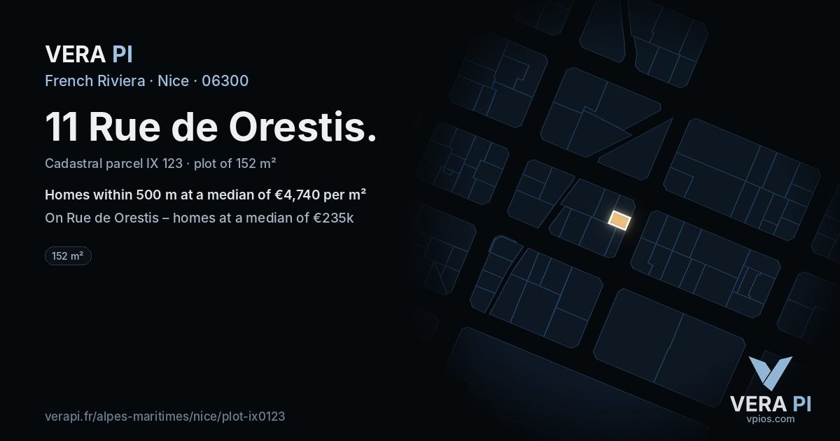 11 Rue de Orestis, Nice at night – the plot lit, the parcels around coloured by the prices near them
