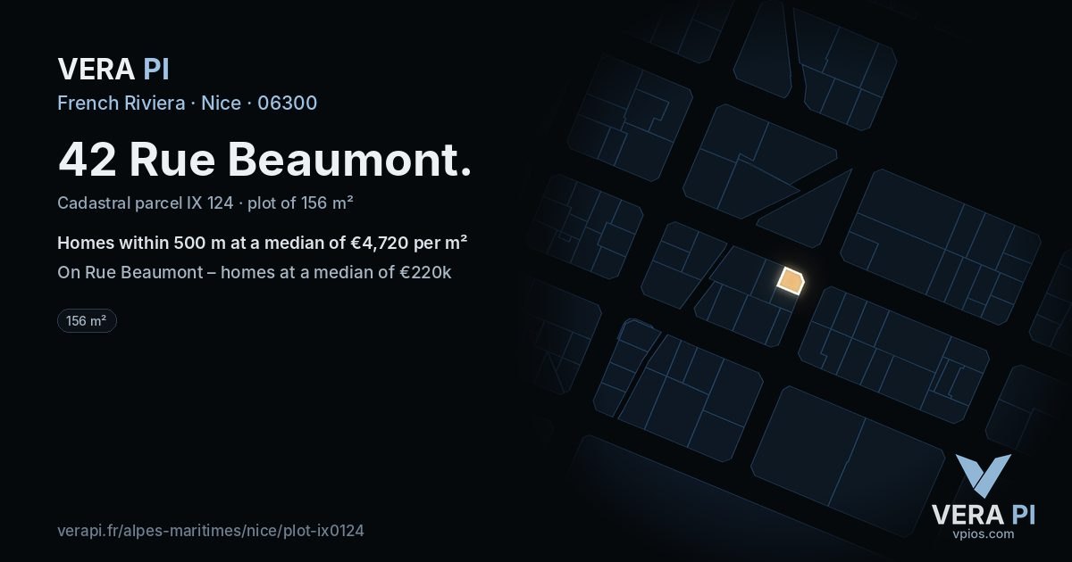 42 Rue Beaumont, Nice at night – the plot lit, the parcels around coloured by the prices near them