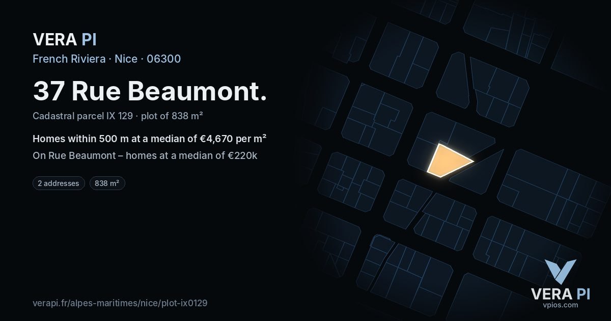37 Rue Beaumont, Nice at night – the plot lit, the parcels around coloured by the prices near them