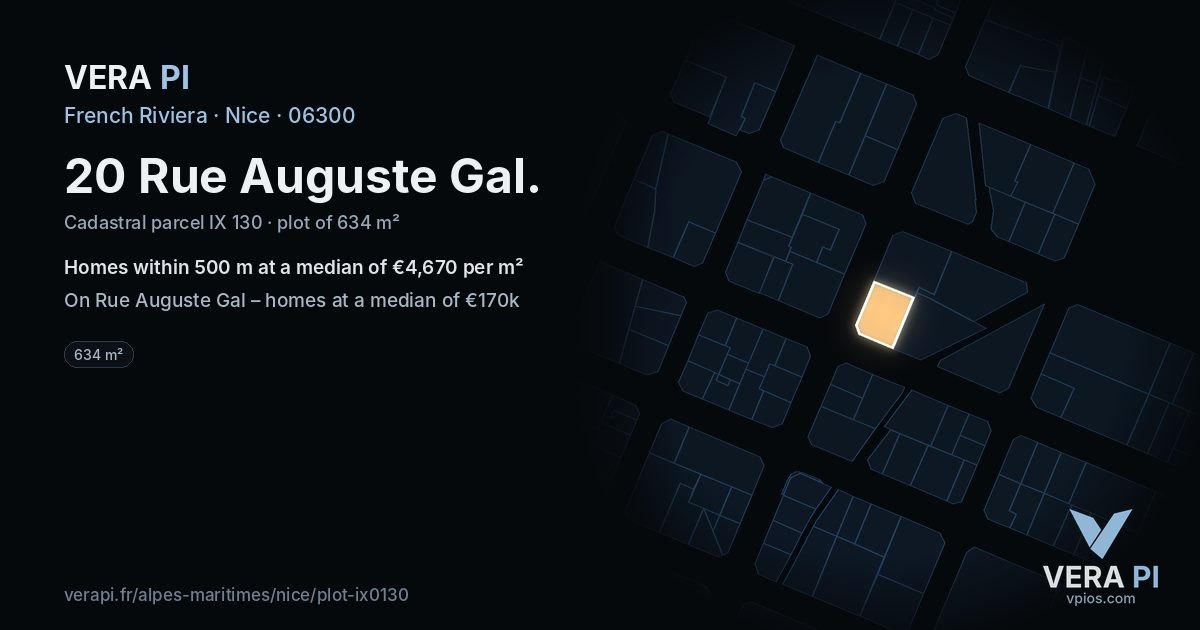 20 Rue Auguste Gal, Nice at night – the plot lit, the parcels around coloured by the prices near them