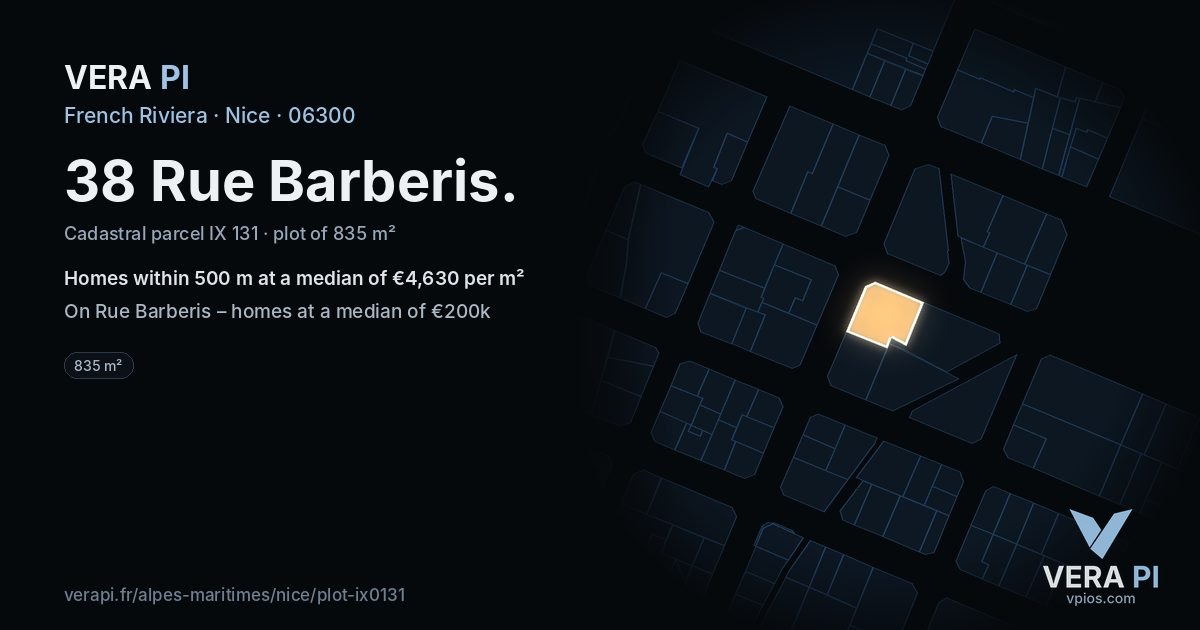 38 Rue Barberis, Nice at night – the plot lit, the parcels around coloured by the prices near them