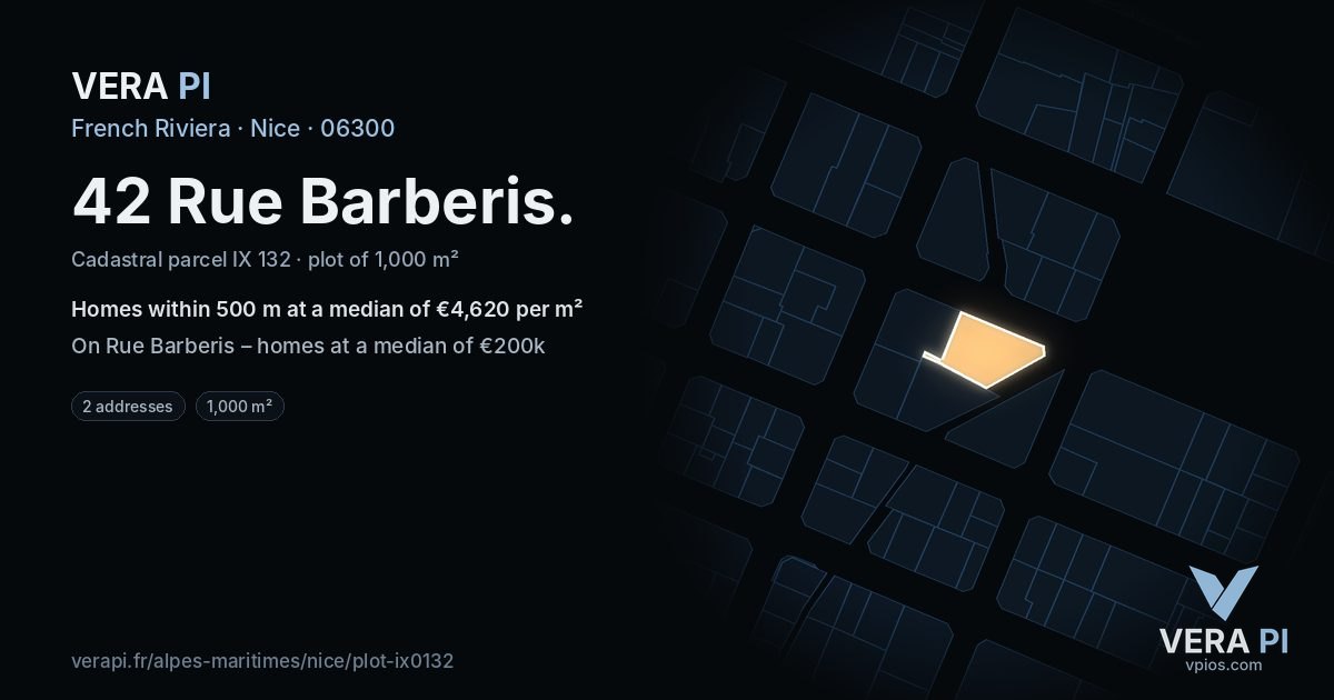 42 Rue Barberis, Nice at night – the plot lit, the parcels around coloured by the prices near them