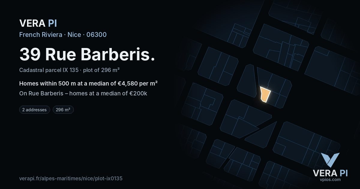 39 Rue Barberis, Nice at night – the plot lit, the parcels around coloured by the prices near them