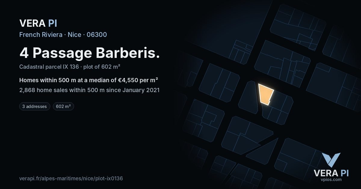 4 Passage Barberis, Nice at night – the plot lit, the parcels around coloured by the prices near them