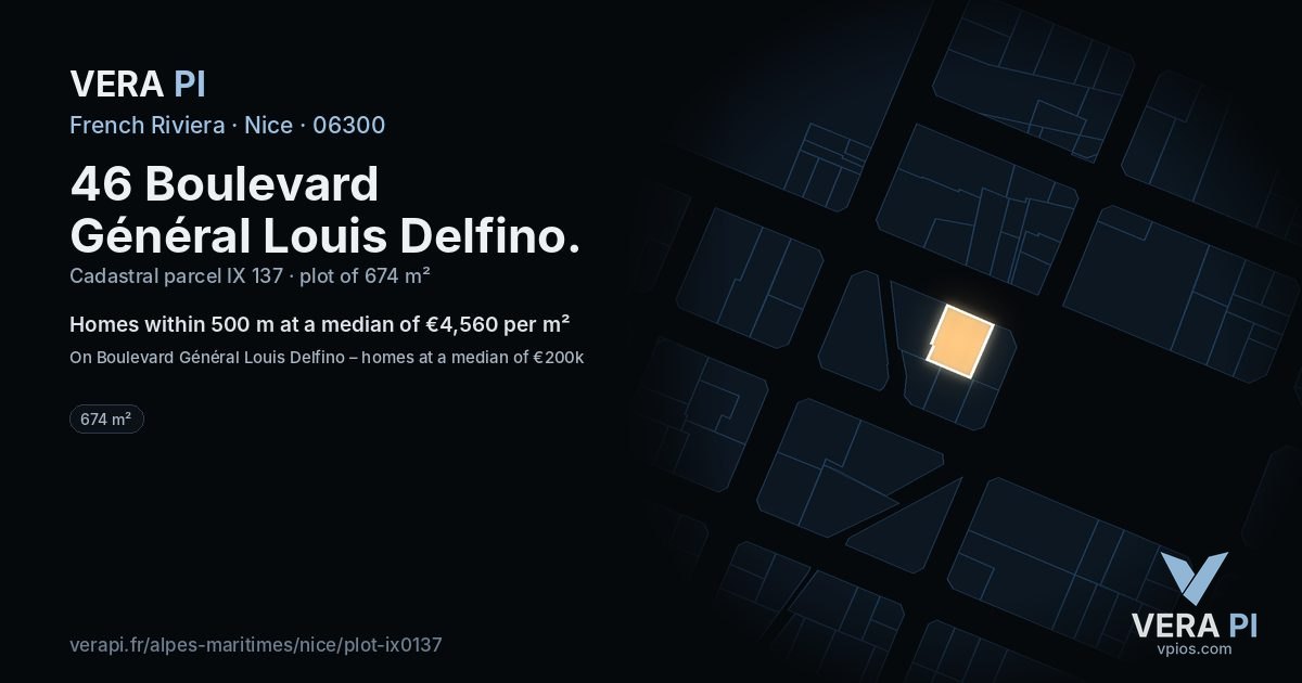 46 Boulevard Général Louis Delfino, Nice at night – the plot lit, the parcels around coloured by the prices near them