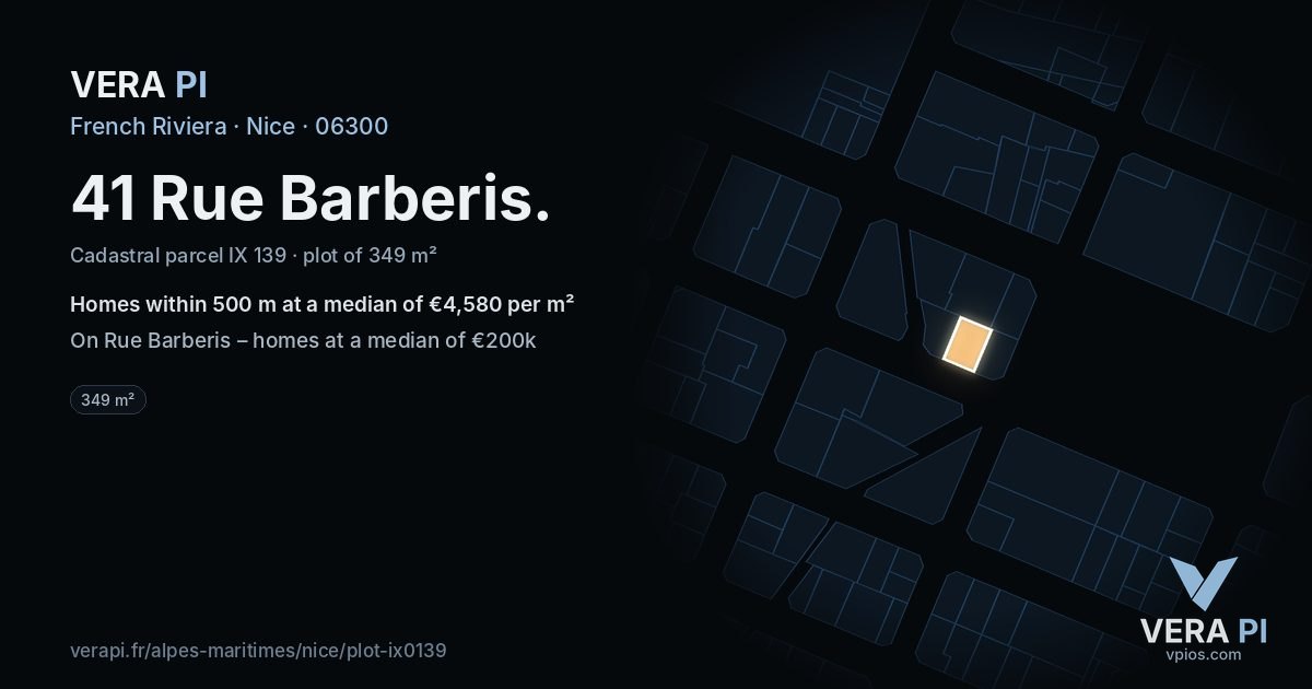 41 Rue Barberis, Nice at night – the plot lit, the parcels around coloured by the prices near them