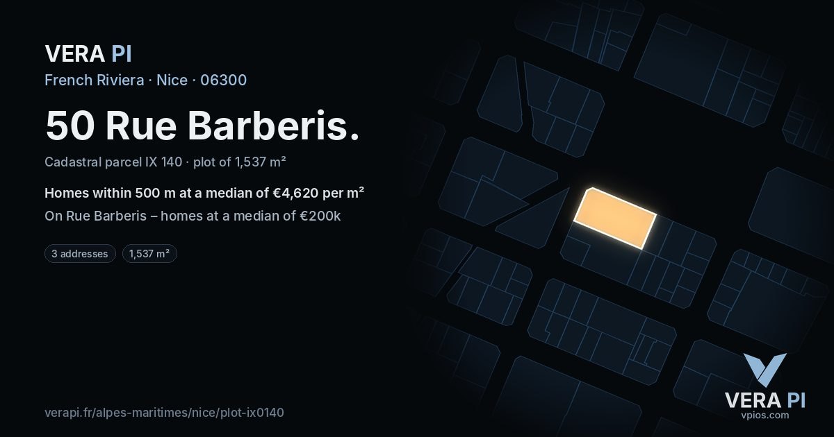 50 Rue Barberis, Nice at night – the plot lit, the parcels around coloured by the prices near them