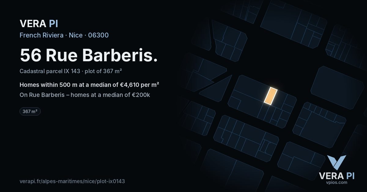 56 Rue Barberis, Nice at night – the plot lit, the parcels around coloured by the prices near them