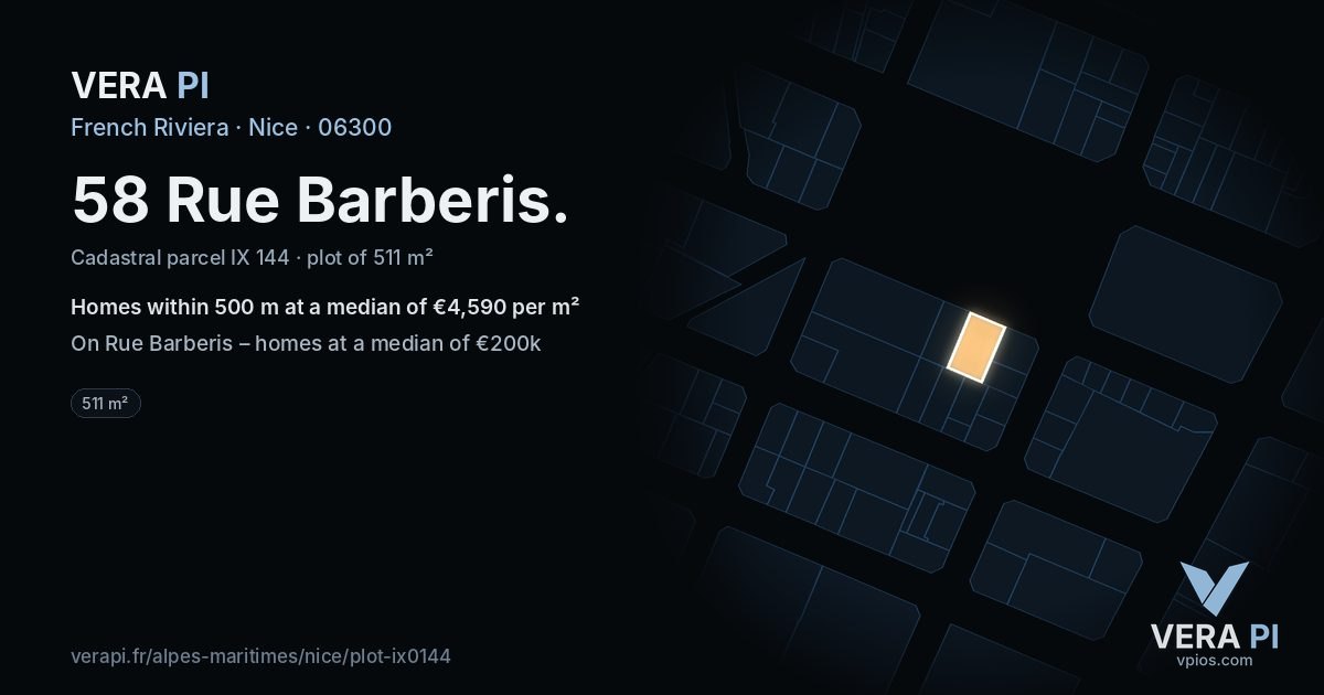 58 Rue Barberis, Nice at night – the plot lit, the parcels around coloured by the prices near them