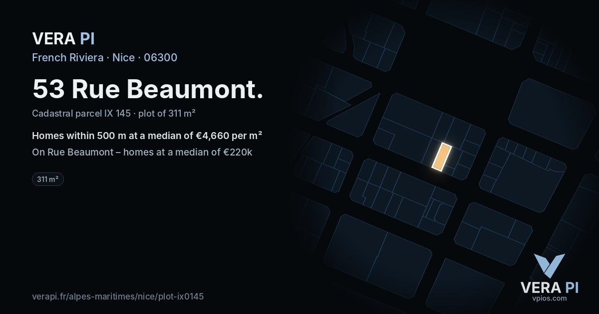 53 Rue Beaumont, Nice at night – the plot lit, the parcels around coloured by the prices near them