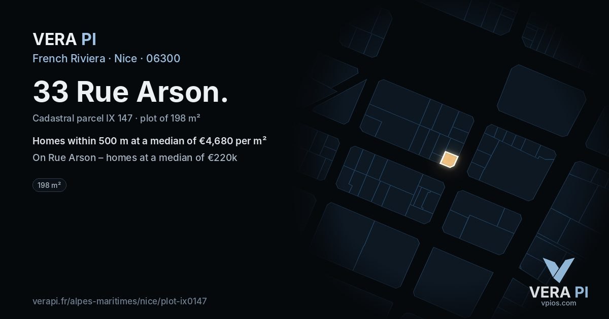 33 Rue Arson, Nice at night – the plot lit, the parcels around coloured by the prices near them