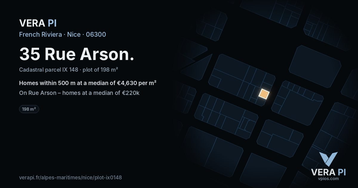 35 Rue Arson, Nice at night – the plot lit, the parcels around coloured by the prices near them