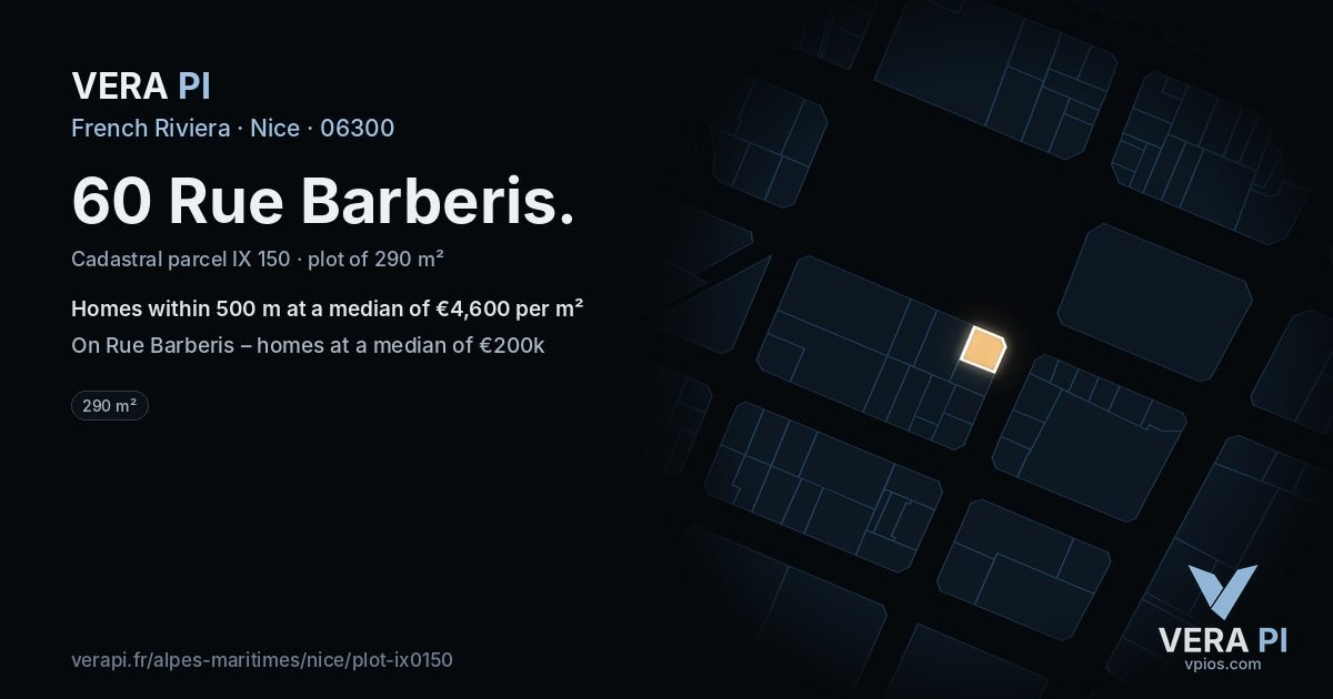 60 Rue Barberis, Nice at night – the plot lit, the parcels around coloured by the prices near them