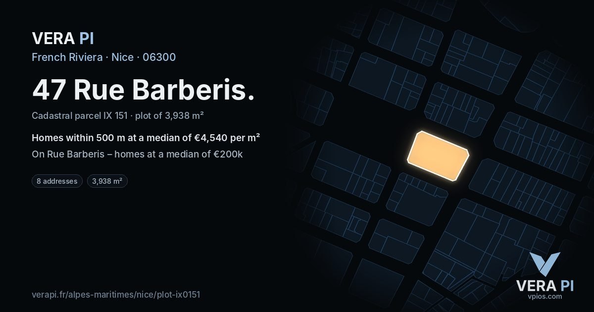 47 Rue Barberis, Nice at night – the plot lit, the parcels around coloured by the prices near them