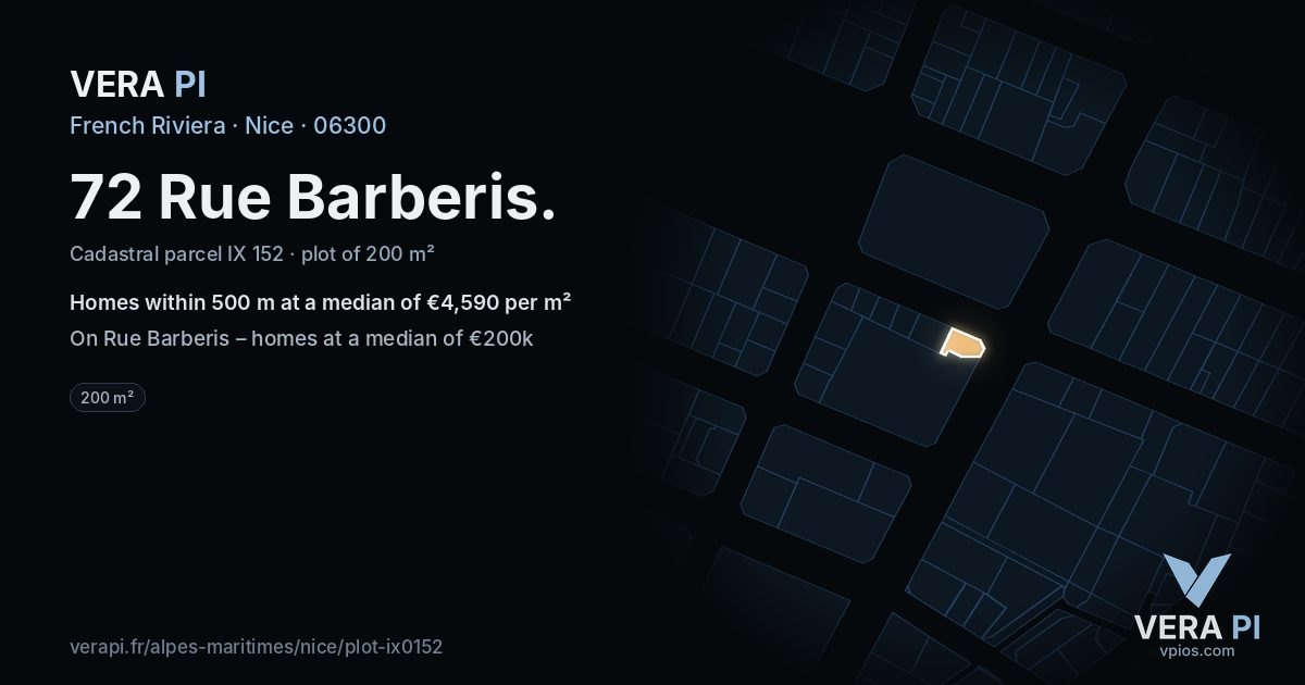 72 Rue Barberis, Nice at night – the plot lit, the parcels around coloured by the prices near them
