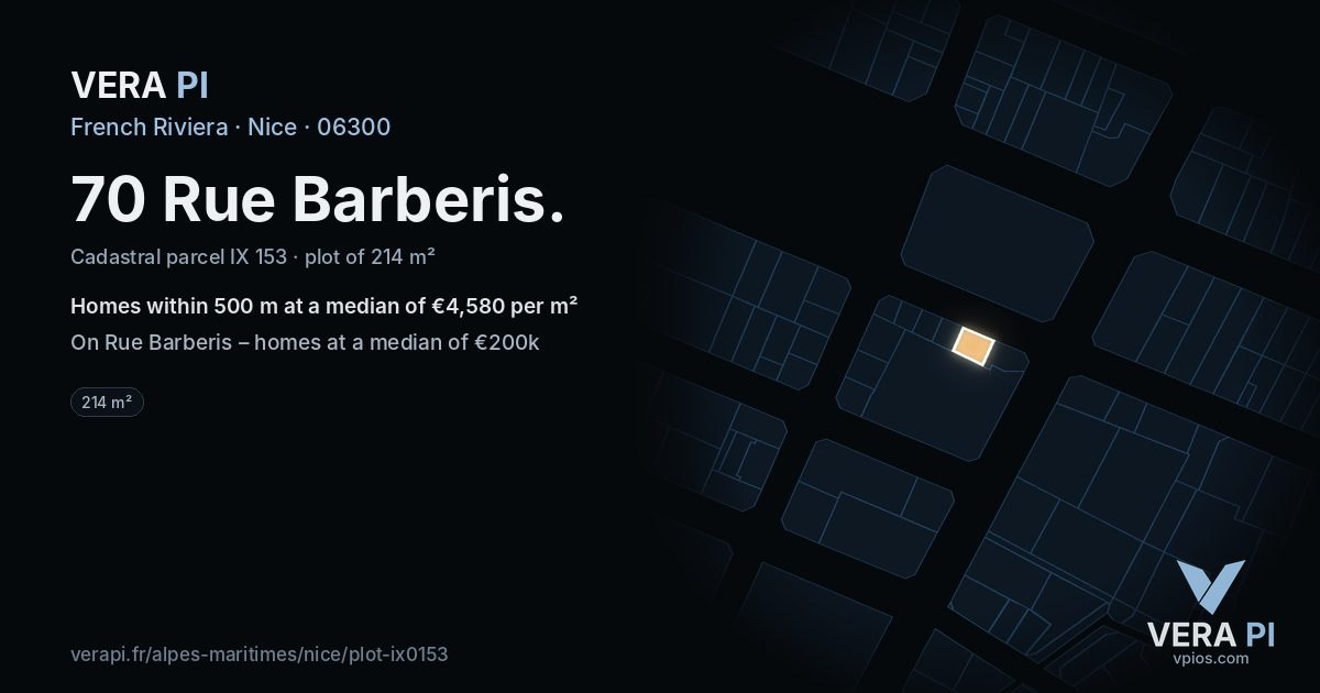 70 Rue Barberis, Nice at night – the plot lit, the parcels around coloured by the prices near them