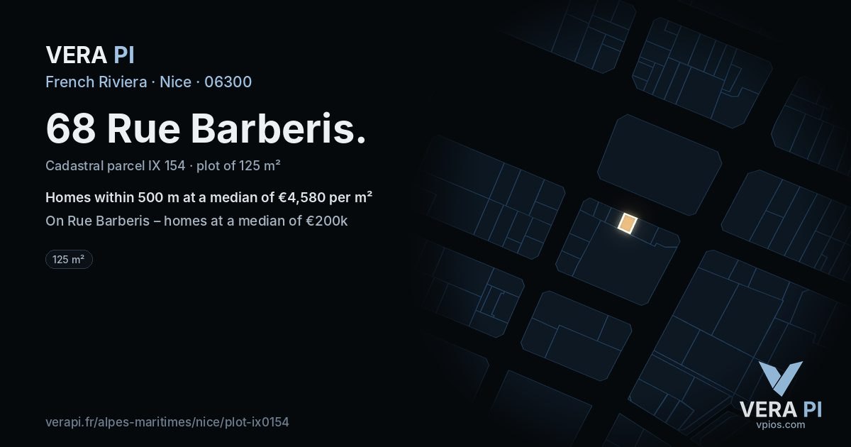 68 Rue Barberis, Nice at night – the plot lit, the parcels around coloured by the prices near them