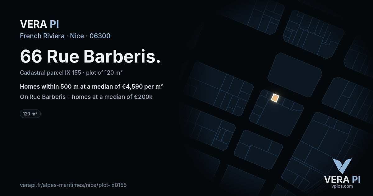 66 Rue Barberis, Nice at night – the plot lit, the parcels around coloured by the prices near them