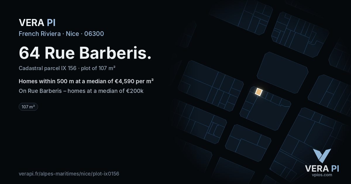 64 Rue Barberis, Nice at night – the plot lit, the parcels around coloured by the prices near them